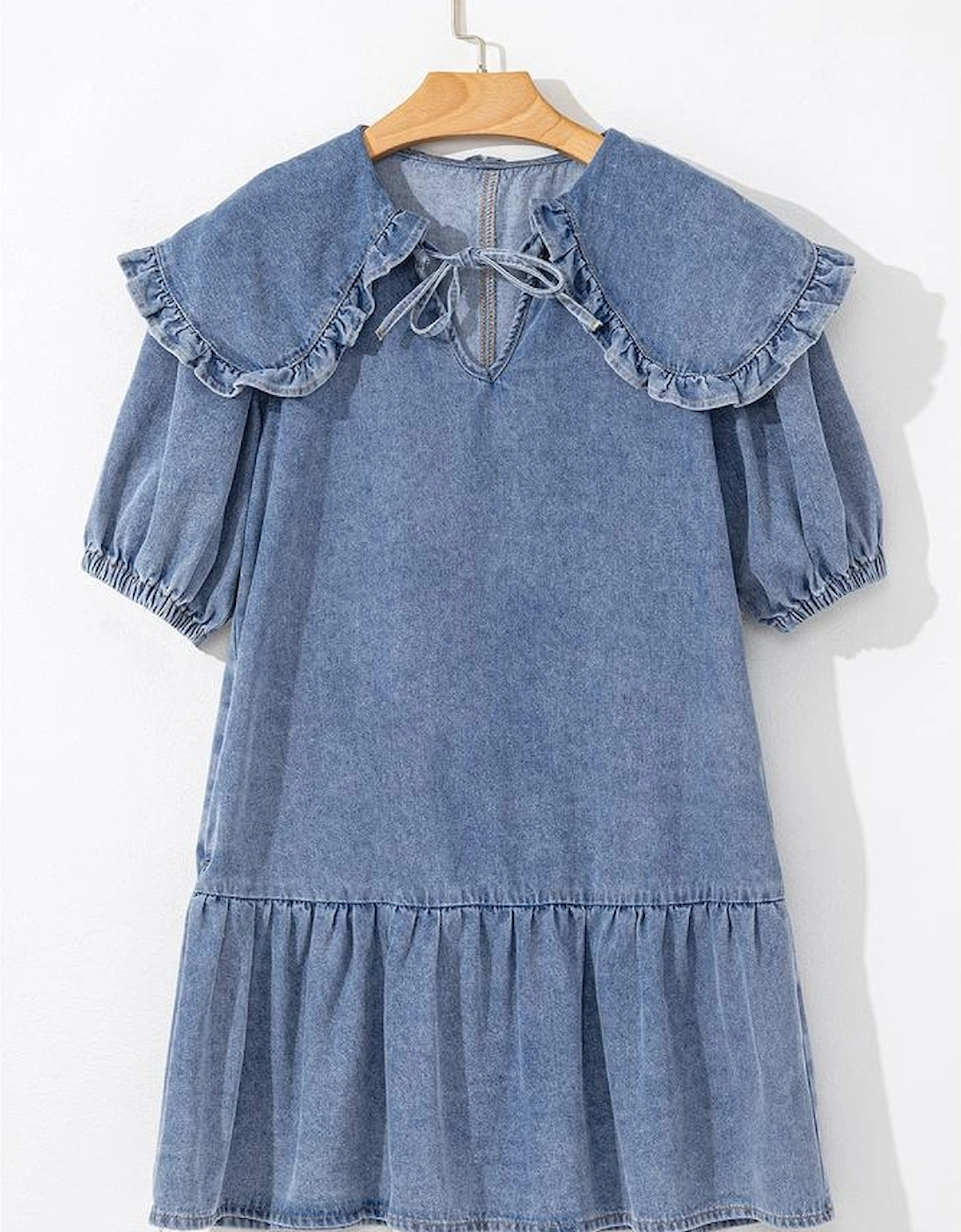 Dusk Blue Ruffled Collared Side Pockets Puff Sleeve Denim Mini Dress, 15 of 14