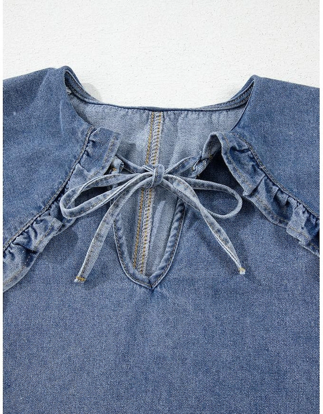 Dusk Blue Ruffled Collared Side Pockets Puff Sleeve Denim Mini Dress