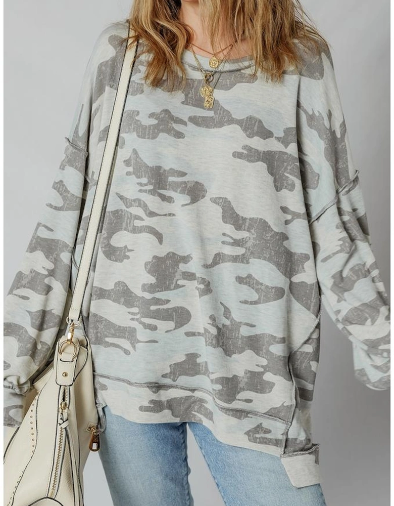 Multicolour Retro Camouflage Print Exposed Seam Patchwork Drop Shoulder Sweatshirt