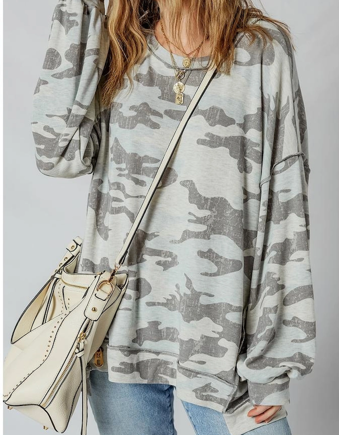 Multicolour Retro Camouflage Print Exposed Seam Patchwork Drop Shoulder Sweatshirt