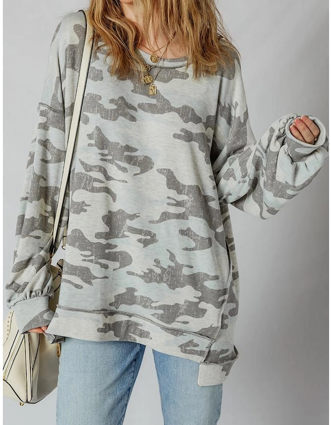 Multicolour Retro Camouflage Print Exposed Seam Patchwork Drop Shoulder Sweatshirt