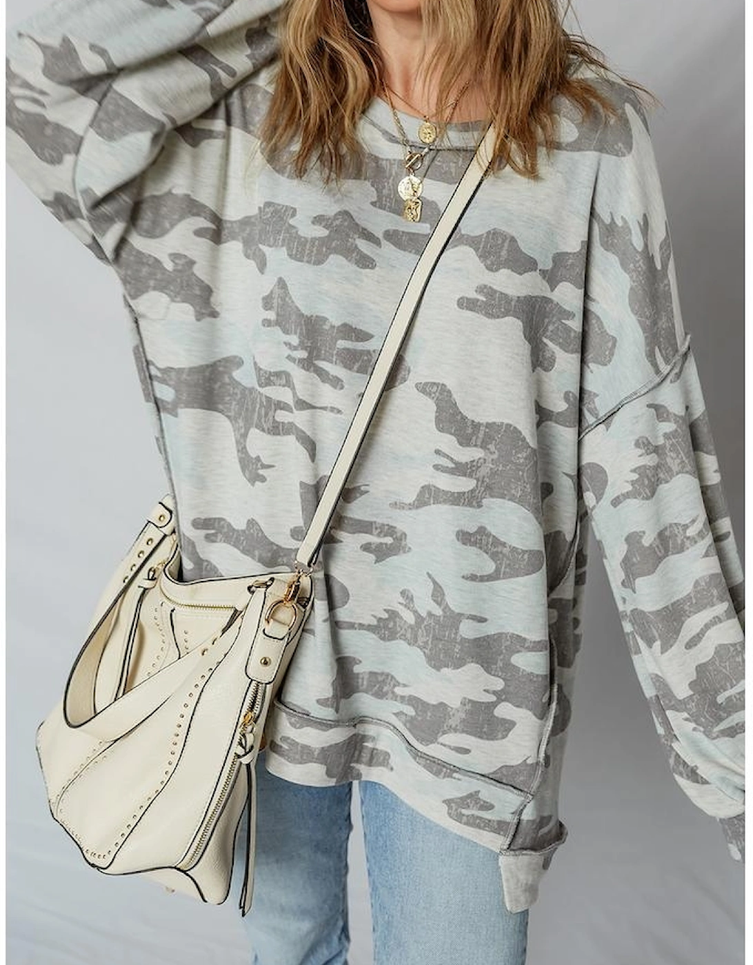Multicolour Retro Camouflage Print Exposed Seam Patchwork Drop Shoulder Sweatshirt