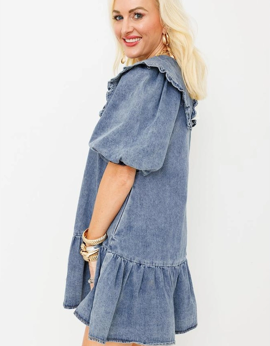 Dusk Blue Ruffled Collared Side Pockets Puff Sleeve Denim Mini Dress