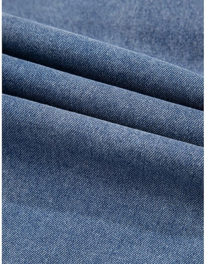 Dusk Blue Ruffled Collared Side Pockets Puff Sleeve Denim Mini Dress