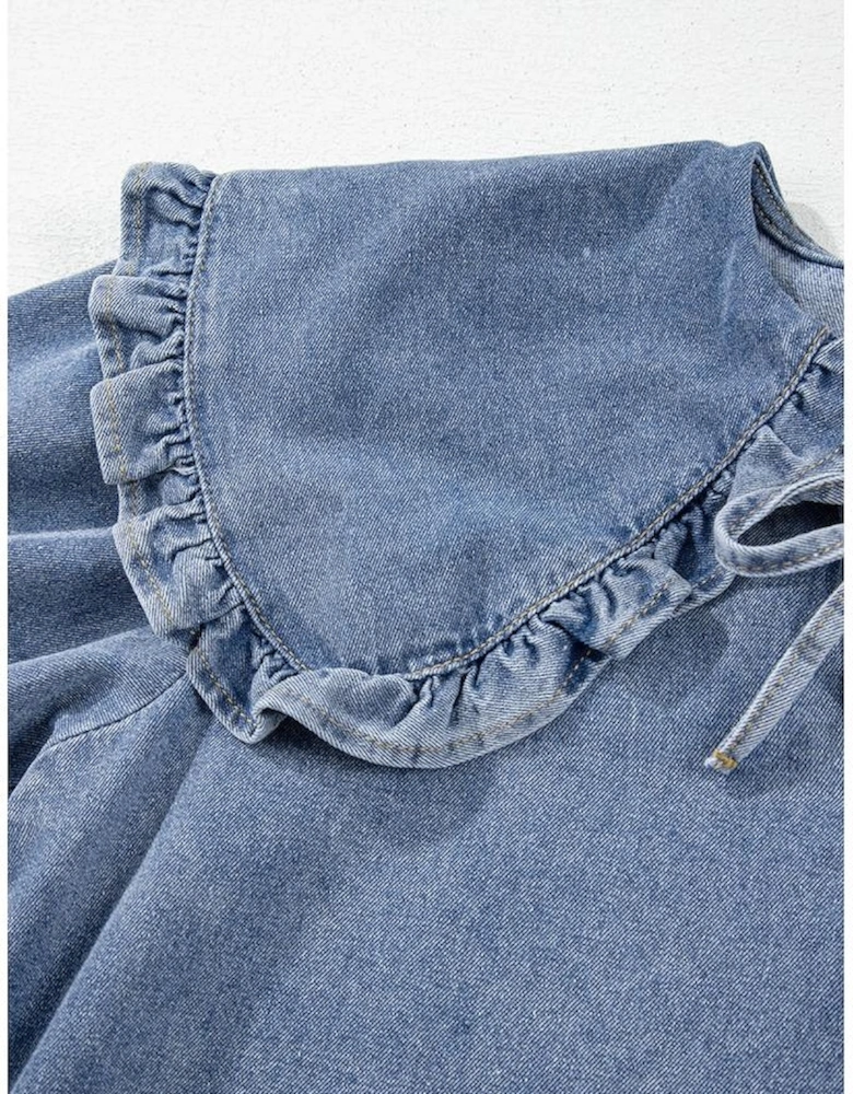 Dusk Blue Ruffled Collared Side Pockets Puff Sleeve Denim Mini Dress