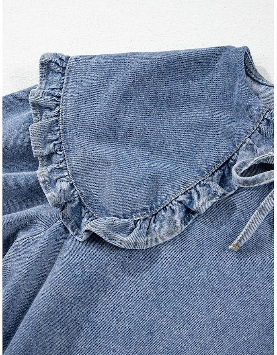 Dusk Blue Ruffled Collared Side Pockets Puff Sleeve Denim Mini Dress