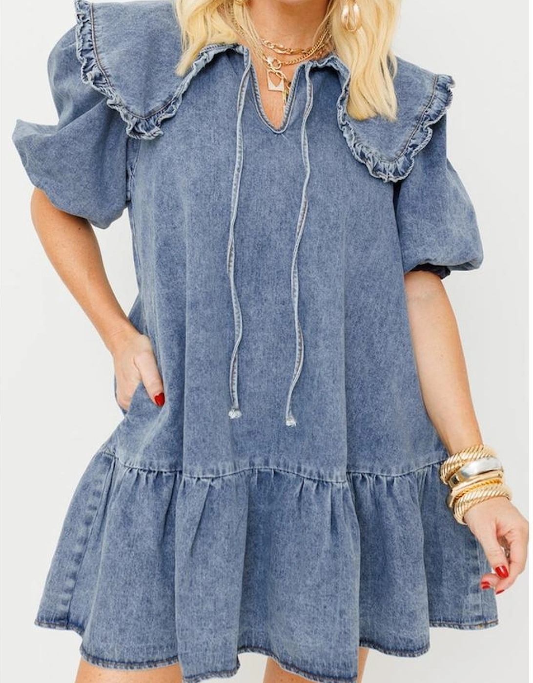 Dusk Blue Ruffled Collared Side Pockets Puff Sleeve Denim Mini Dress