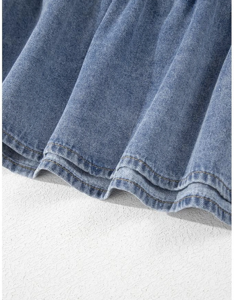 Dusk Blue Ruffled Collared Side Pockets Puff Sleeve Denim Mini Dress