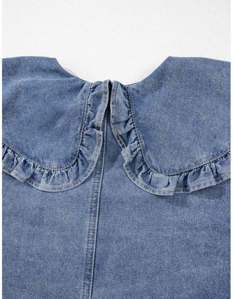 Dusk Blue Ruffled Collared Side Pockets Puff Sleeve Denim Mini Dress