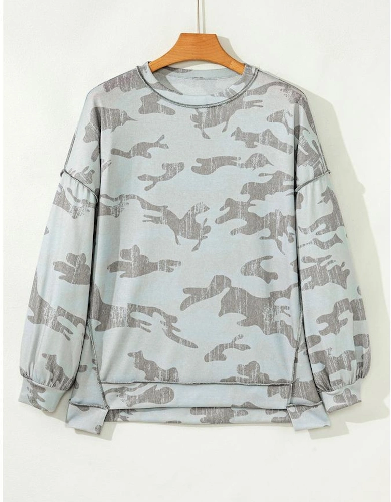 Multicolour Retro Camouflage Print Exposed Seam Patchwork Drop Shoulder Sweatshirt