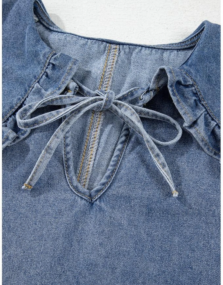 Dusk Blue Ruffled Collared Side Pockets Puff Sleeve Denim Mini Dress