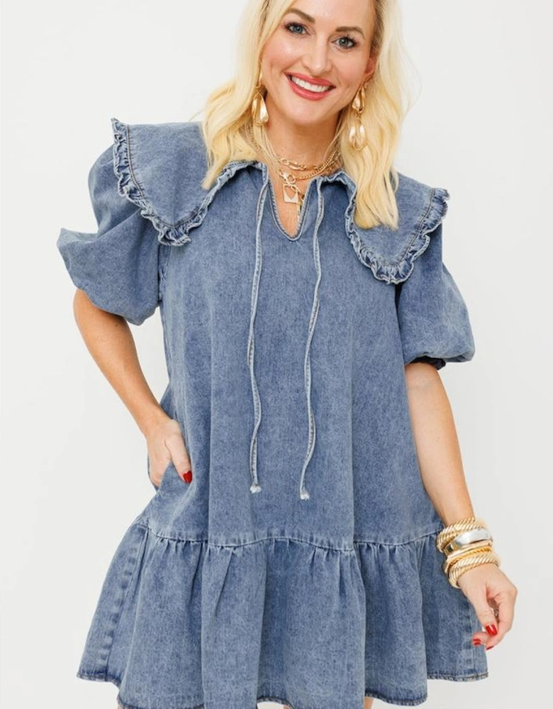 Dusk Blue Ruffled Collared Side Pockets Puff Sleeve Denim Mini Dress