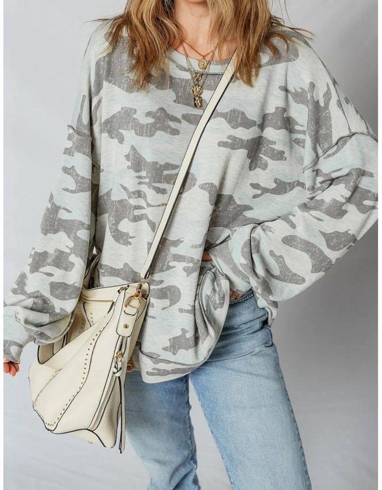 Multicolour Retro Camouflage Print Exposed Seam Patchwork Drop Shoulder Sweatshirt