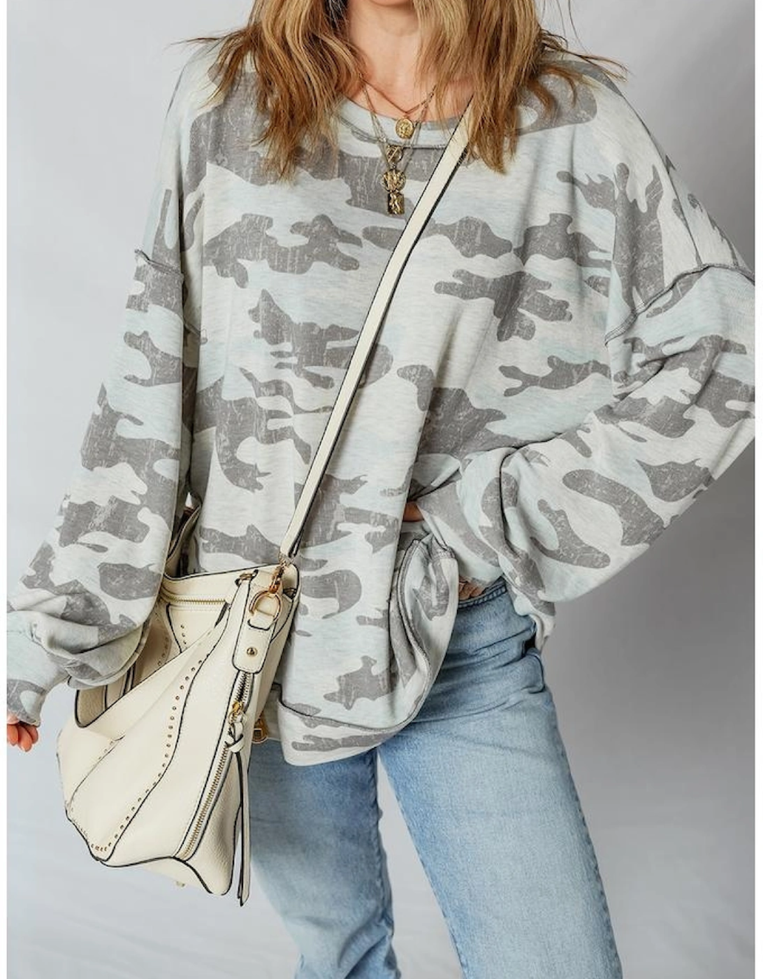 Multicolour Retro Camouflage Print Exposed Seam Patchwork Drop Shoulder Sweatshirt