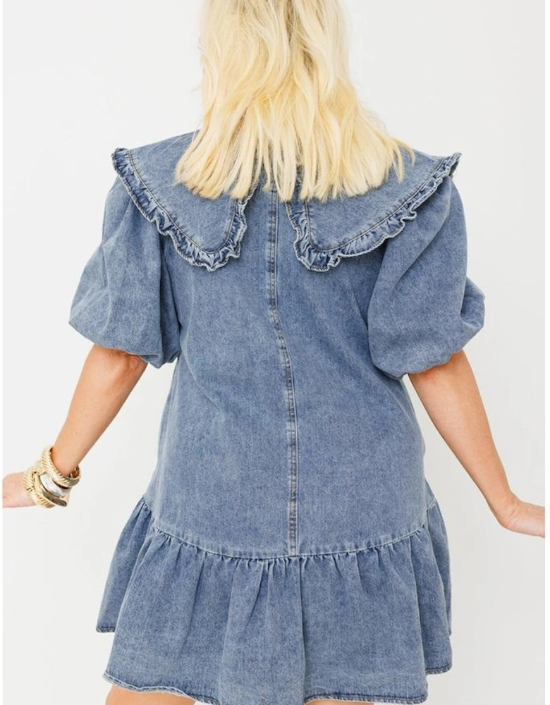 Dusk Blue Ruffled Collared Side Pockets Puff Sleeve Denim Mini Dress