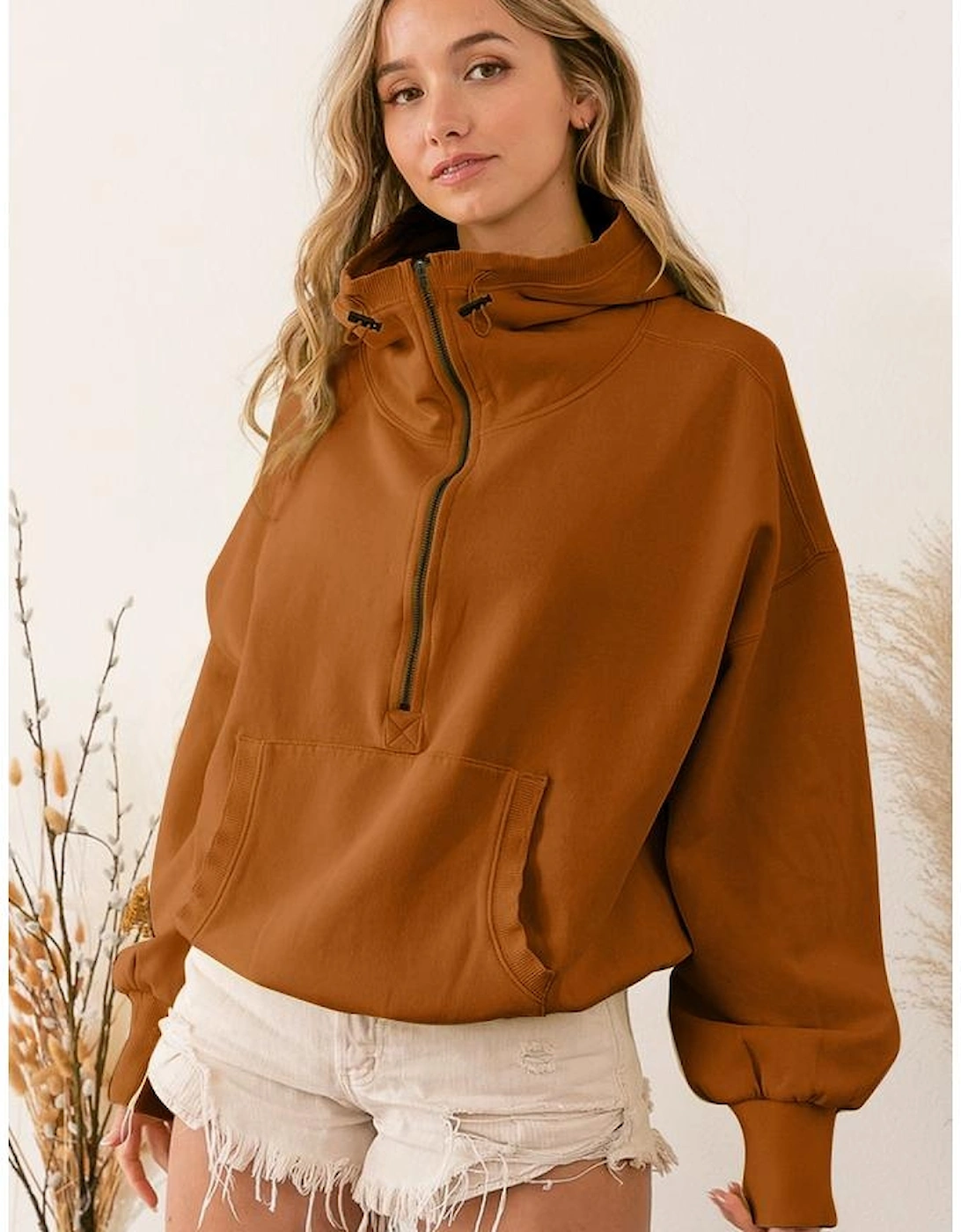 Brown Ribbed Trim Kangaroo Pocket Zipped Hoodie