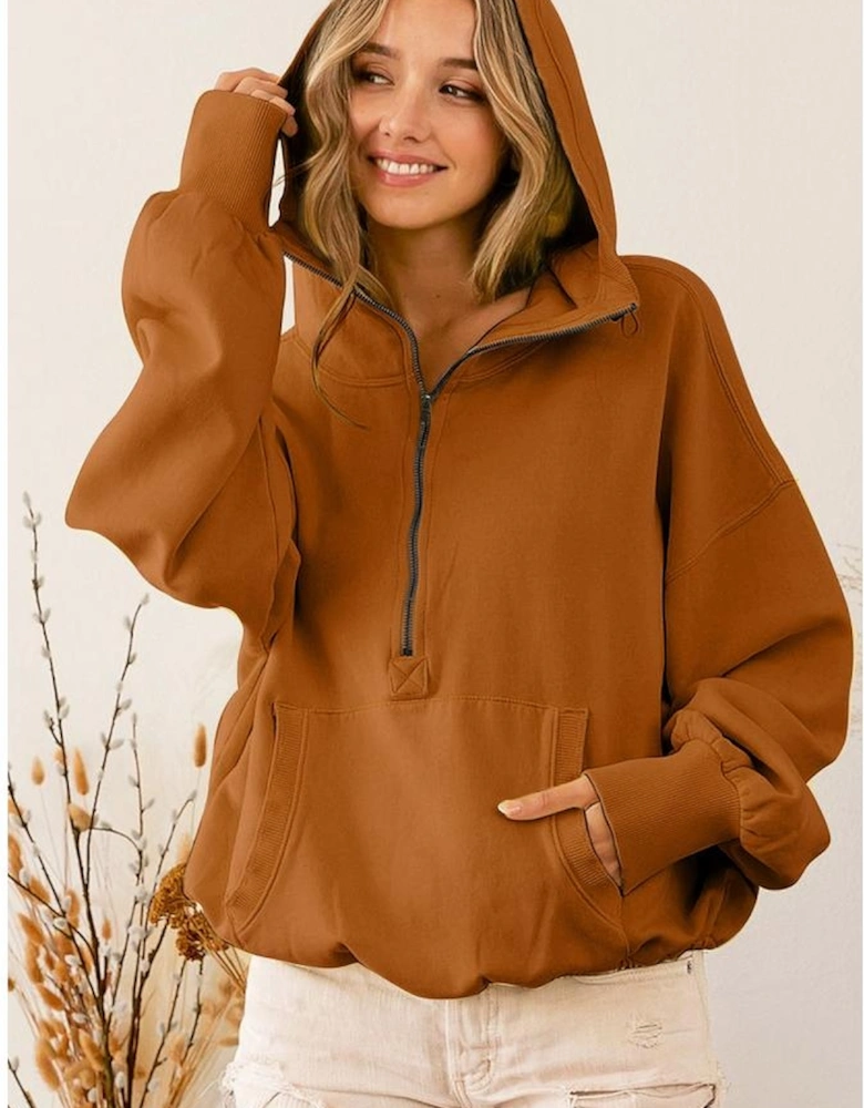 Brown Ribbed Trim Kangaroo Pocket Zipped Hoodie