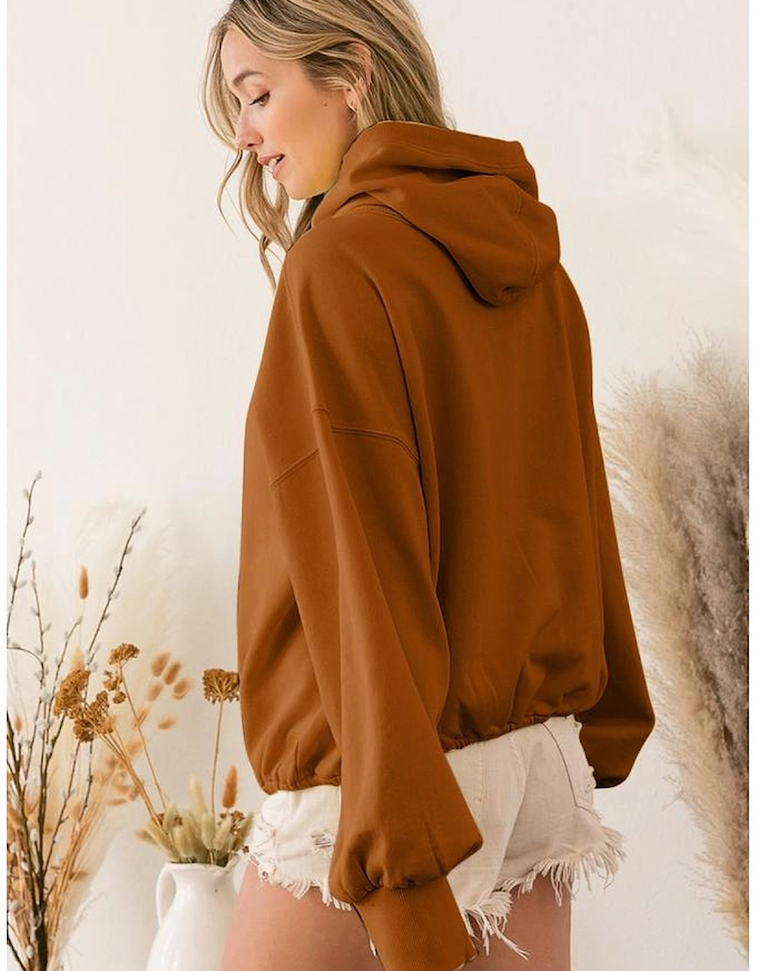Brown Ribbed Trim Kangaroo Pocket Zipped Hoodie