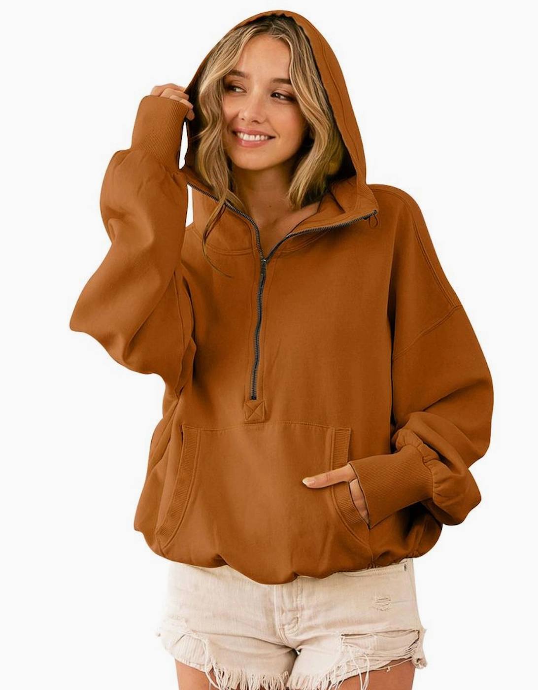 Brown Ribbed Trim Kangaroo Pocket Zipped Hoodie
