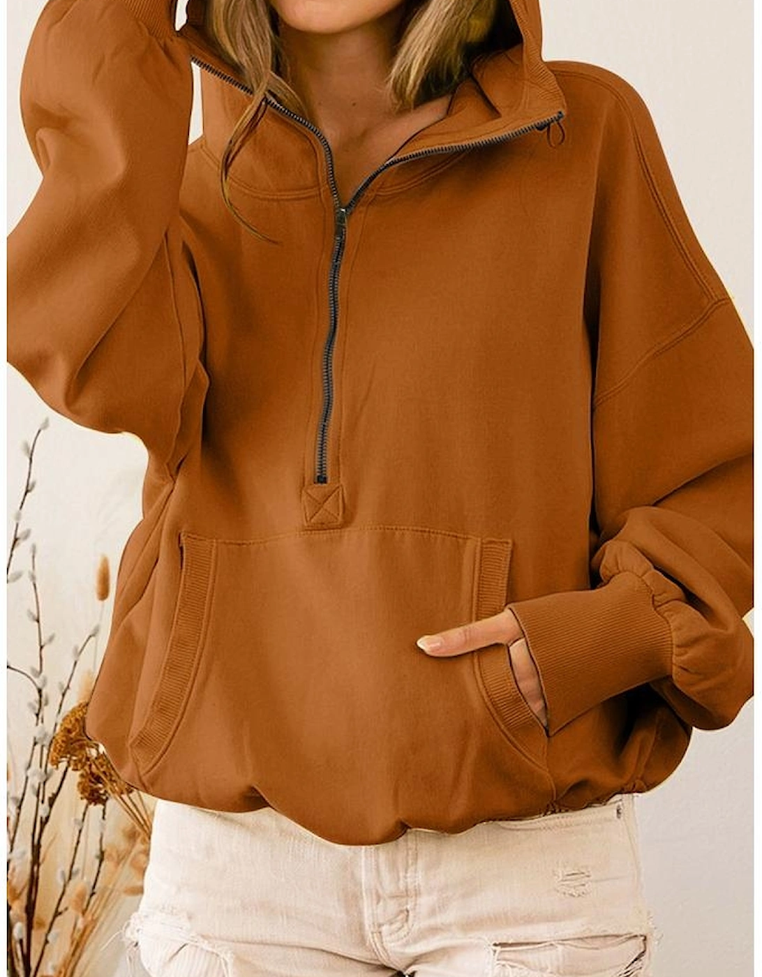 Brown Ribbed Trim Kangaroo Pocket Zipped Hoodie, 6 of 5