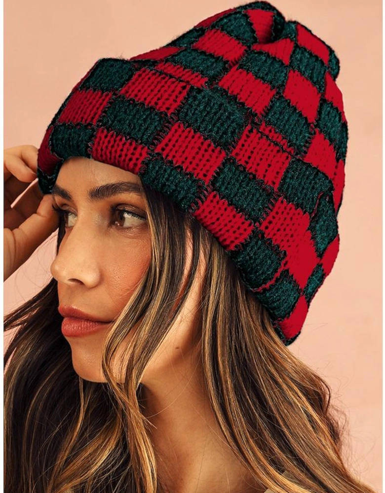 Azura Exchange Racing Red Two Tone Checkered Folded Eaveless Beanie Cap