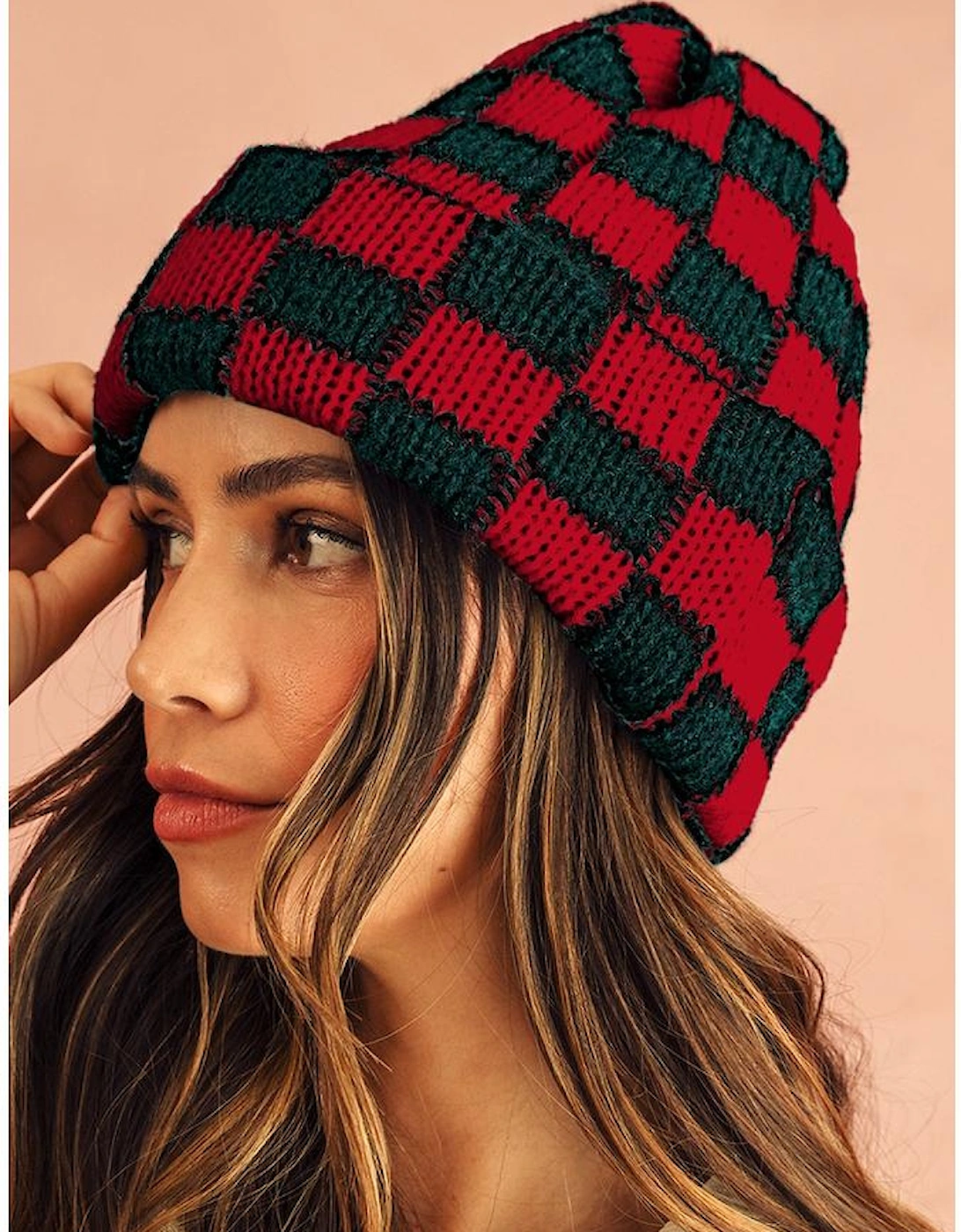 Azura Exchange Racing Red Two Tone Checkered Folded Eaveless Beanie Cap