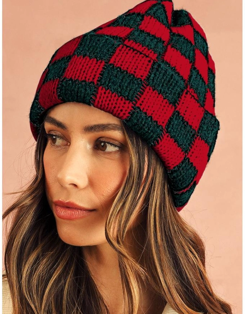 Azura Exchange Racing Red Two Tone Checkered Folded Eaveless Beanie Cap
