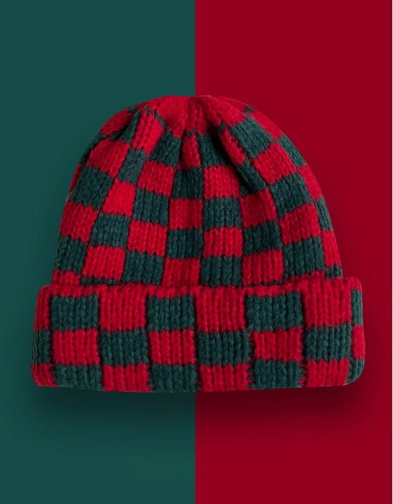 Azura Exchange Racing Red Two Tone Checkered Folded Eaveless Beanie Cap