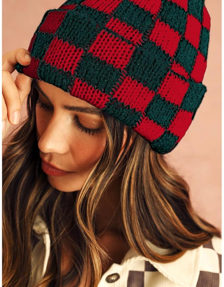 Azura Exchange Racing Red Two Tone Checkered Folded Eaveless Beanie Cap
