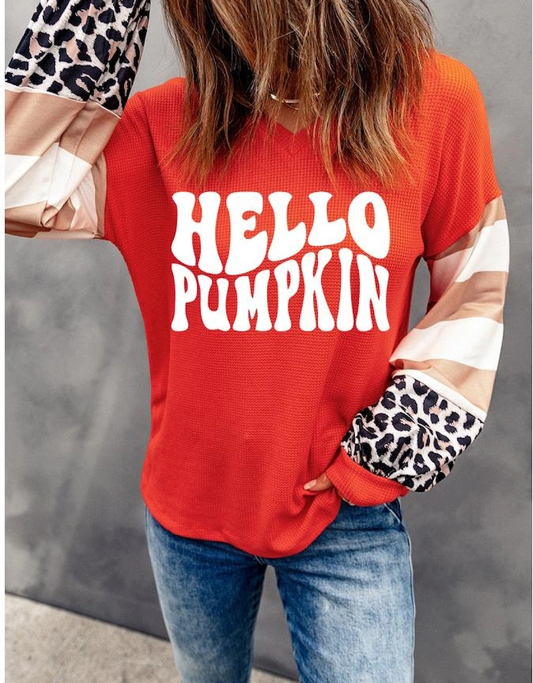 Red Hello Pumpkin Graphic Leopard Striped Colorblock Sleeve V Neck Top