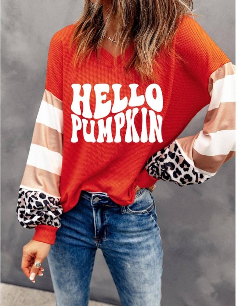Red Hello Pumpkin Graphic Leopard Striped Colorblock Sleeve V Neck Top