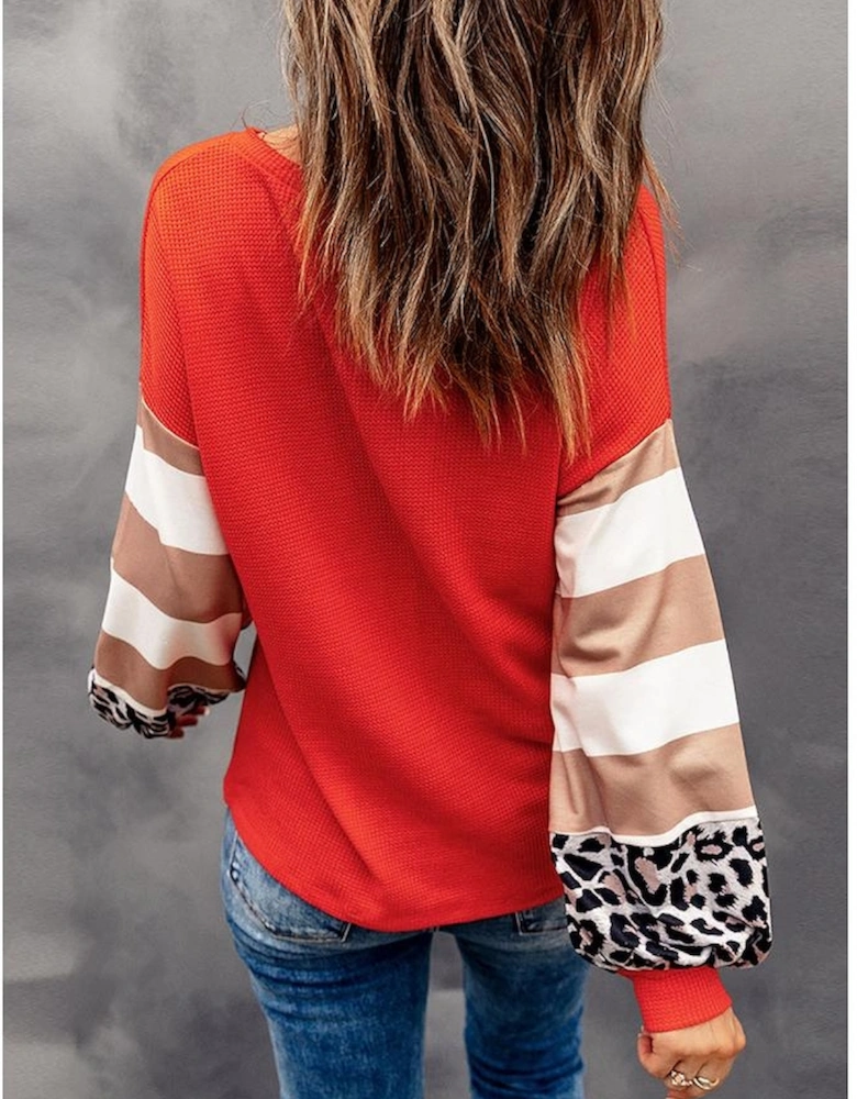 Red Hello Pumpkin Graphic Leopard Striped Colorblock Sleeve V Neck Top