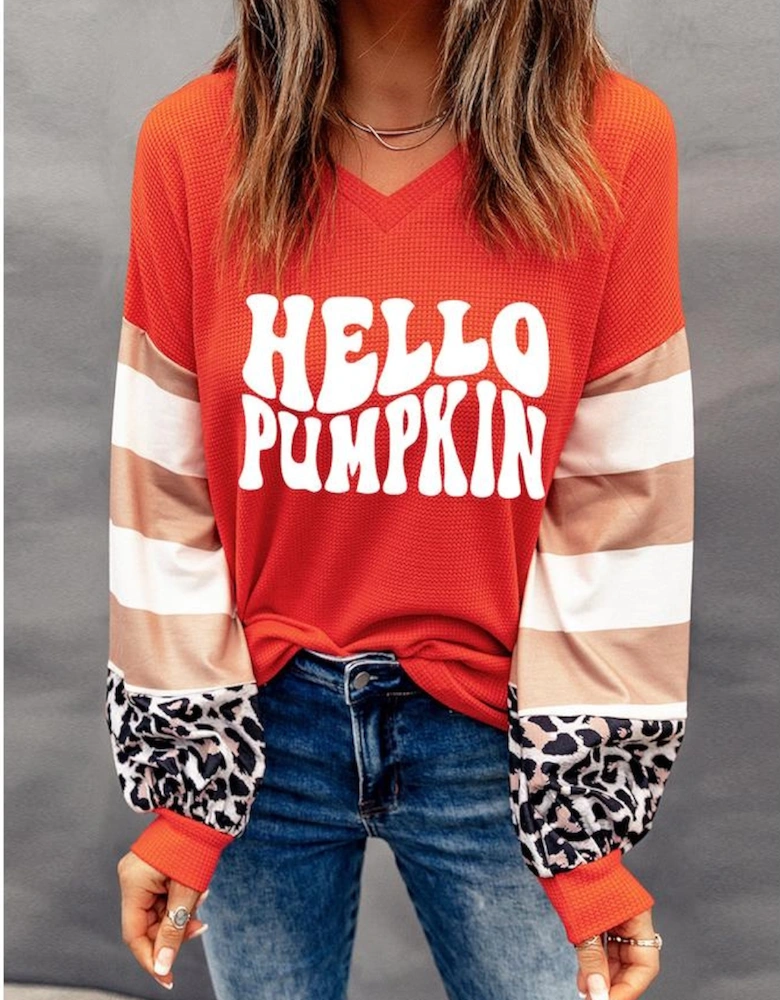 Red Hello Pumpkin Graphic Leopard Striped Colorblock Sleeve V Neck Top