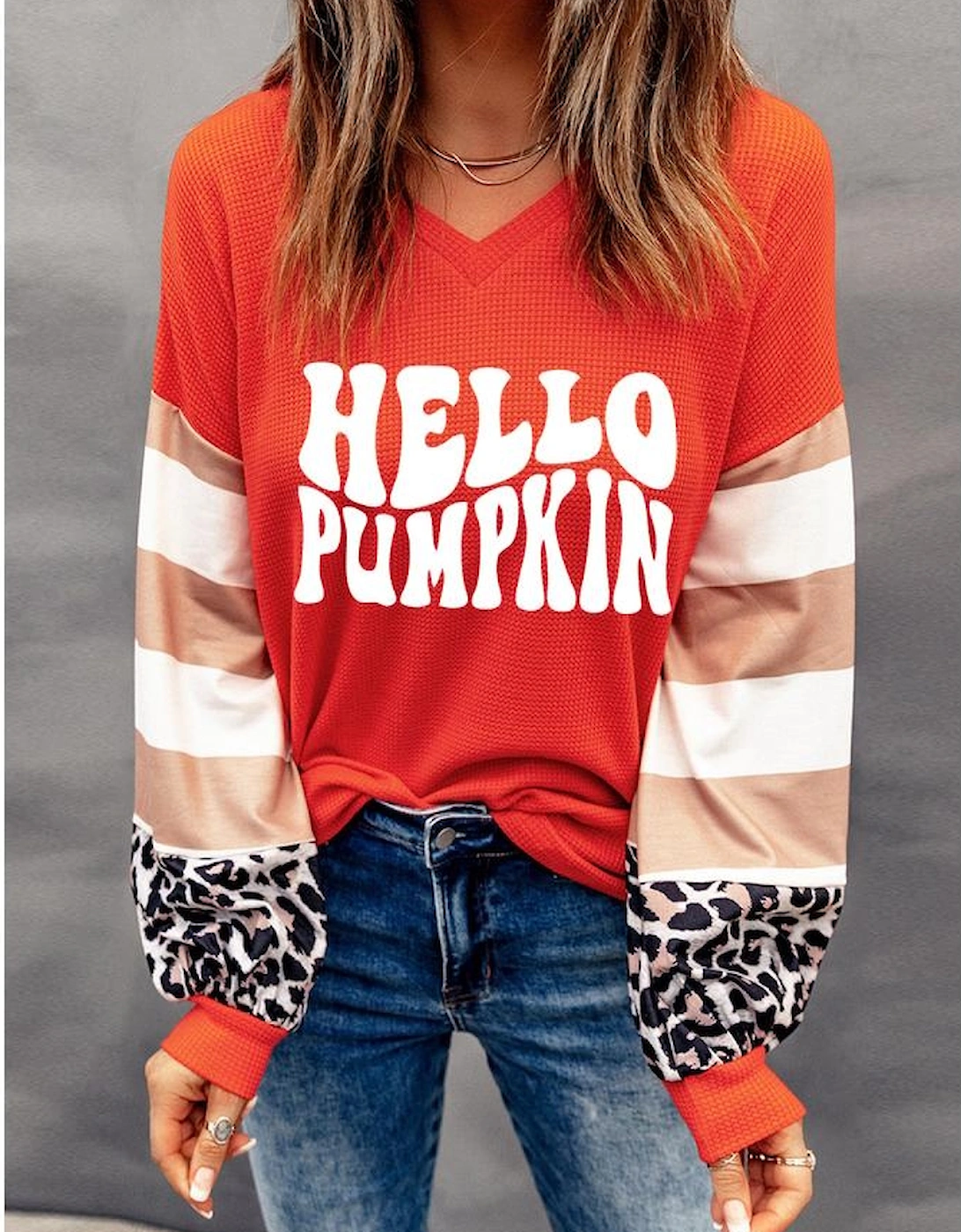 Red Hello Pumpkin Graphic Leopard Striped Colorblock Sleeve V Neck Top