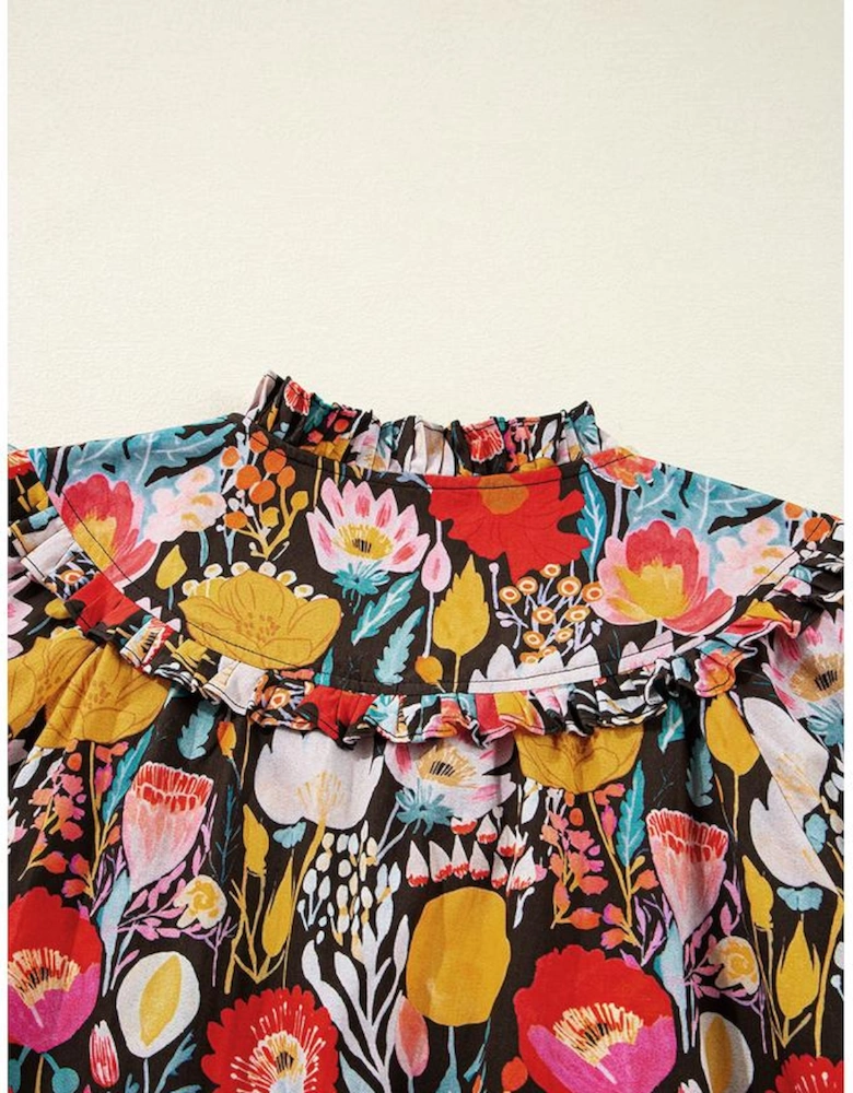 Black Floral 3/4 Puff Sleeve Tied Neck Blouse