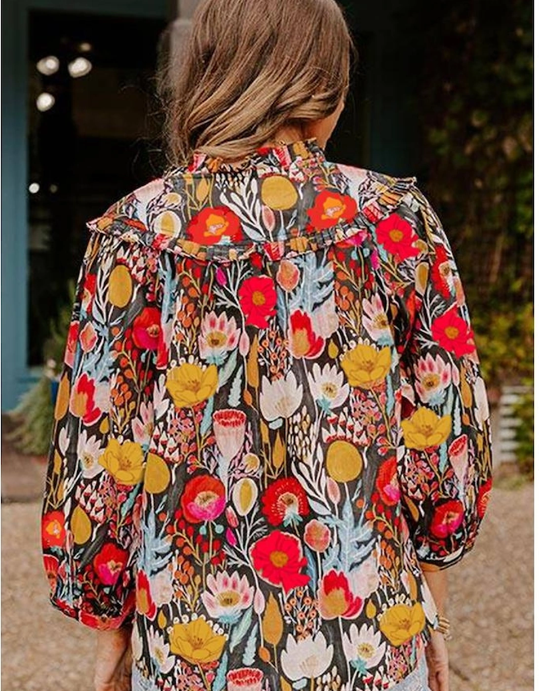 Black Floral 3/4 Puff Sleeve Tied Neck Blouse, 12 of 11