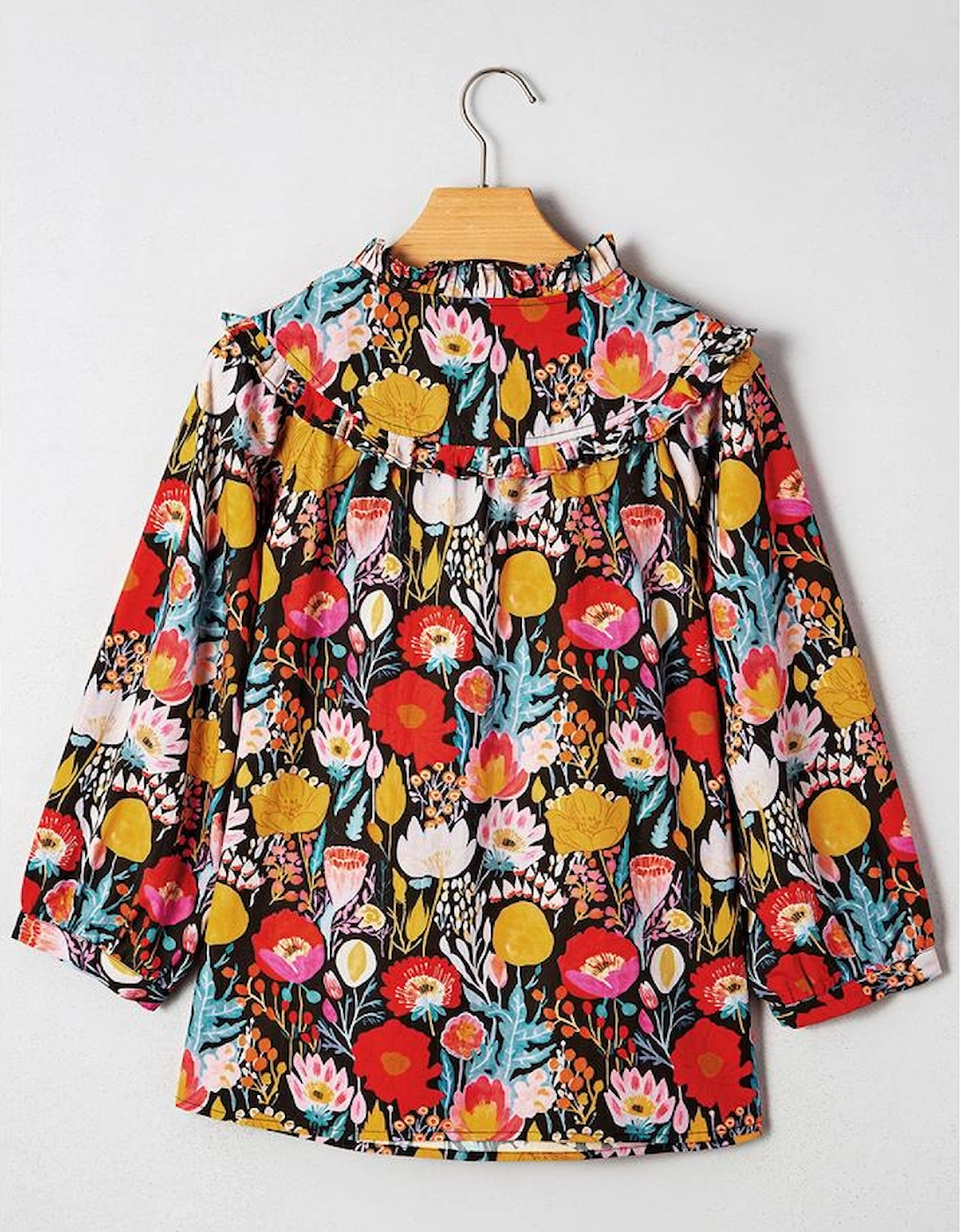 Black Floral 3/4 Puff Sleeve Tied Neck Blouse