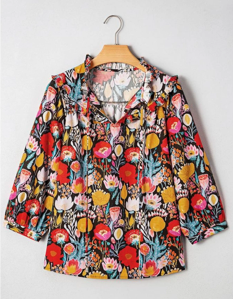 Black Floral 3/4 Puff Sleeve Tied Neck Blouse