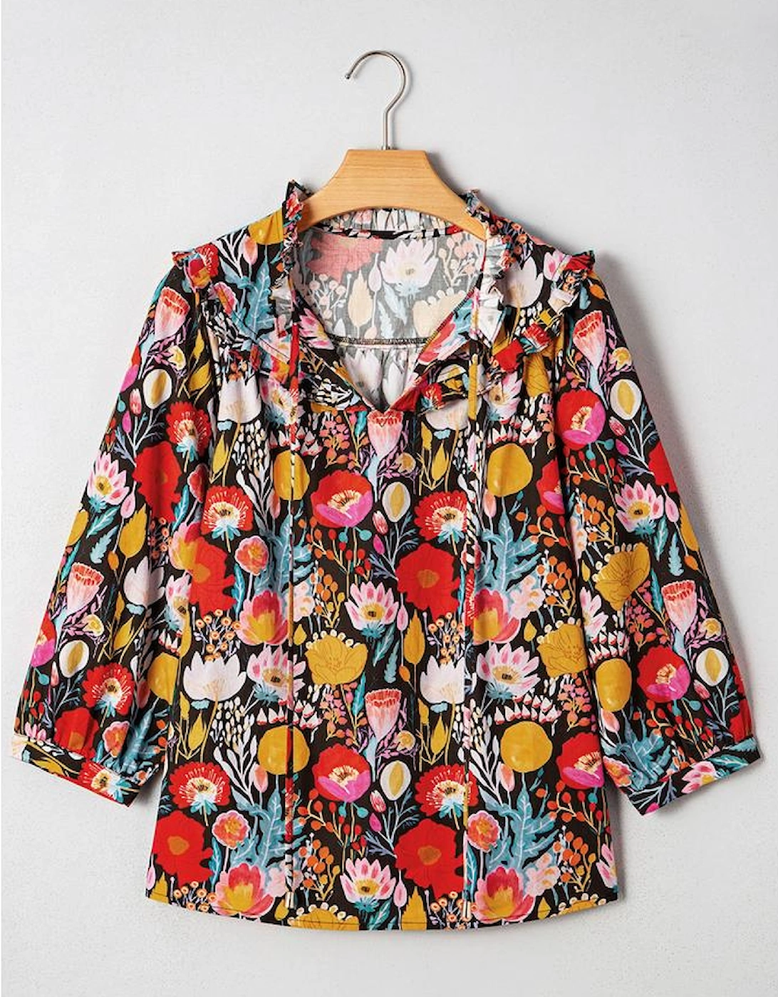 Black Floral 3/4 Puff Sleeve Tied Neck Blouse