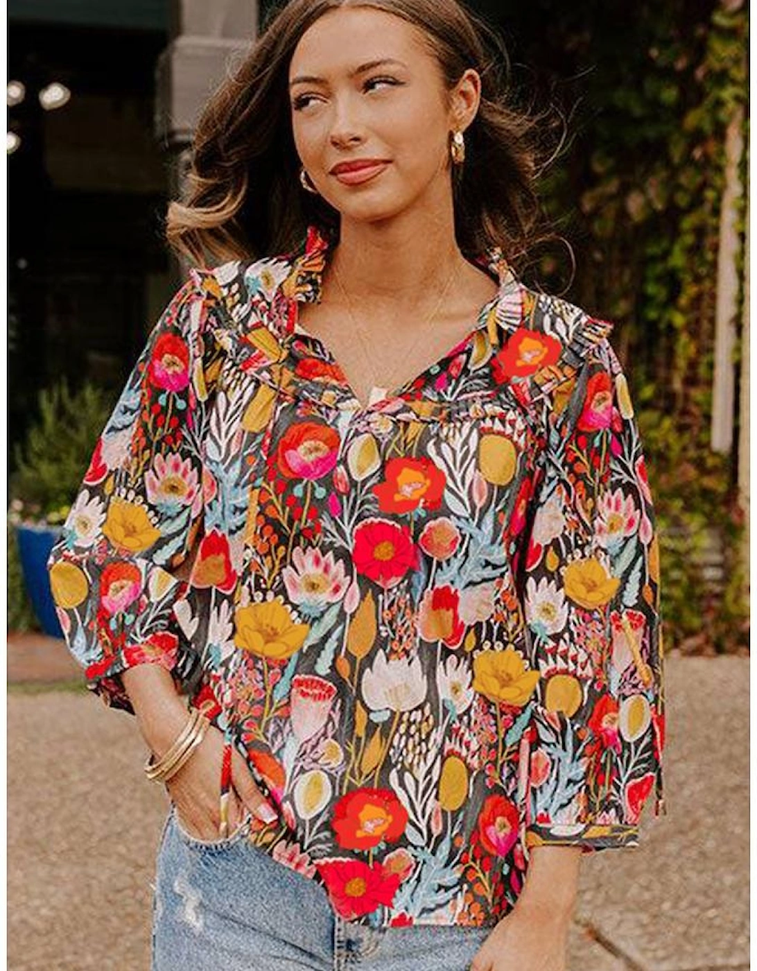 Black Floral 3/4 Puff Sleeve Tied Neck Blouse