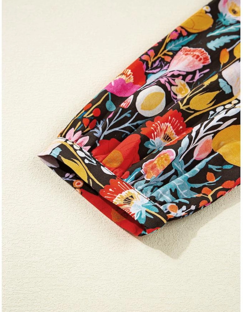 Black Floral 3/4 Puff Sleeve Tied Neck Blouse