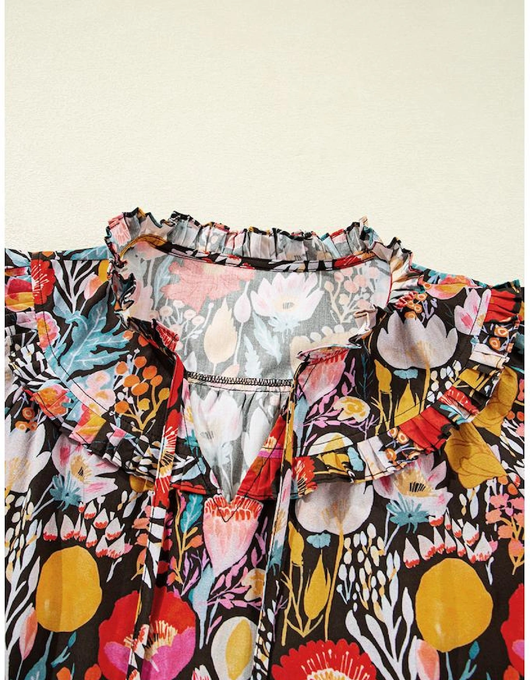 Black Floral 3/4 Puff Sleeve Tied Neck Blouse