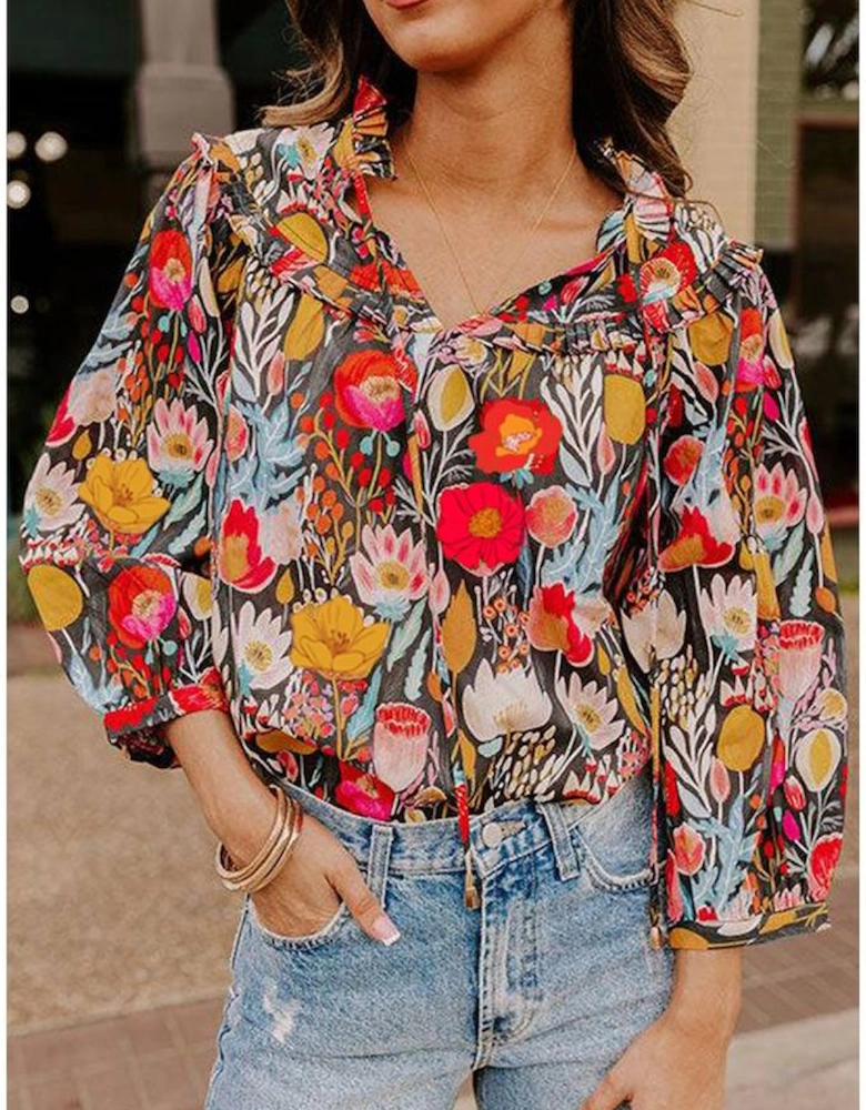 Black Floral 3/4 Puff Sleeve Tied Neck Blouse