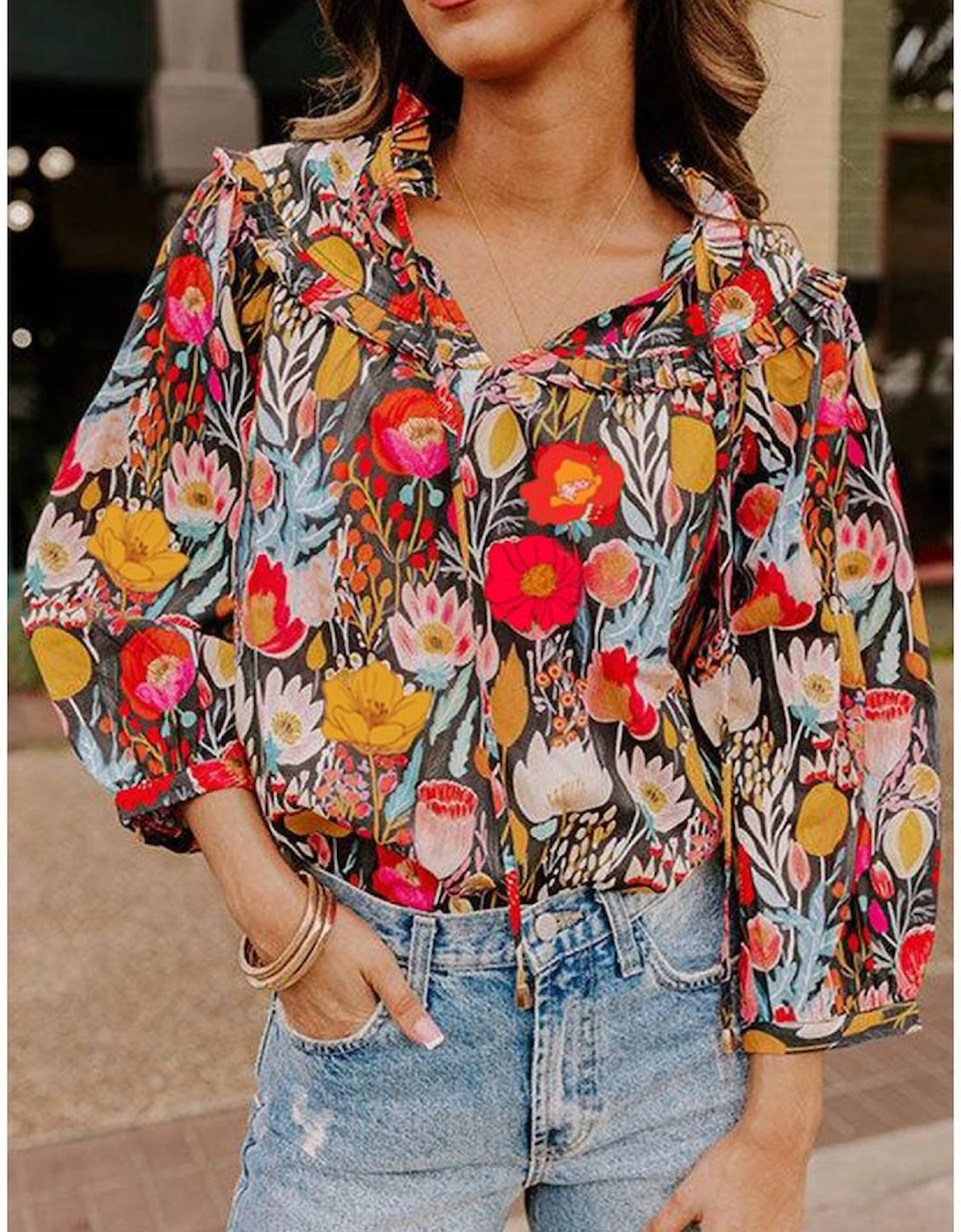 Black Floral 3/4 Puff Sleeve Tied Neck Blouse