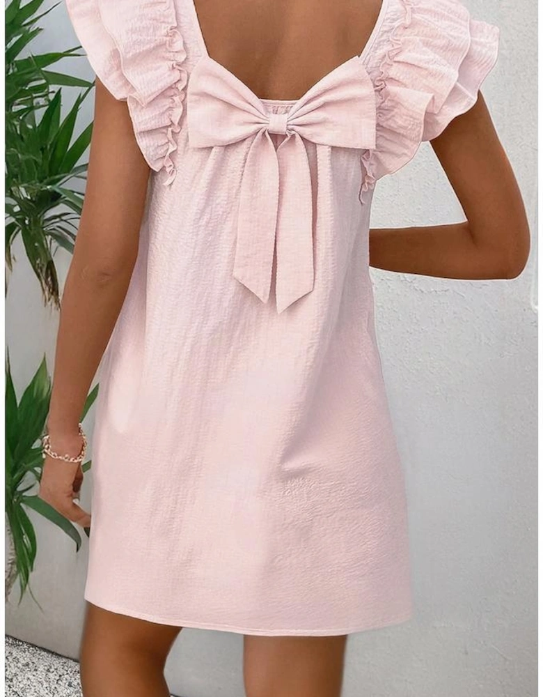 Light Pink Textured Flutter Sleeve Square Neck Bow Back Mini Dress