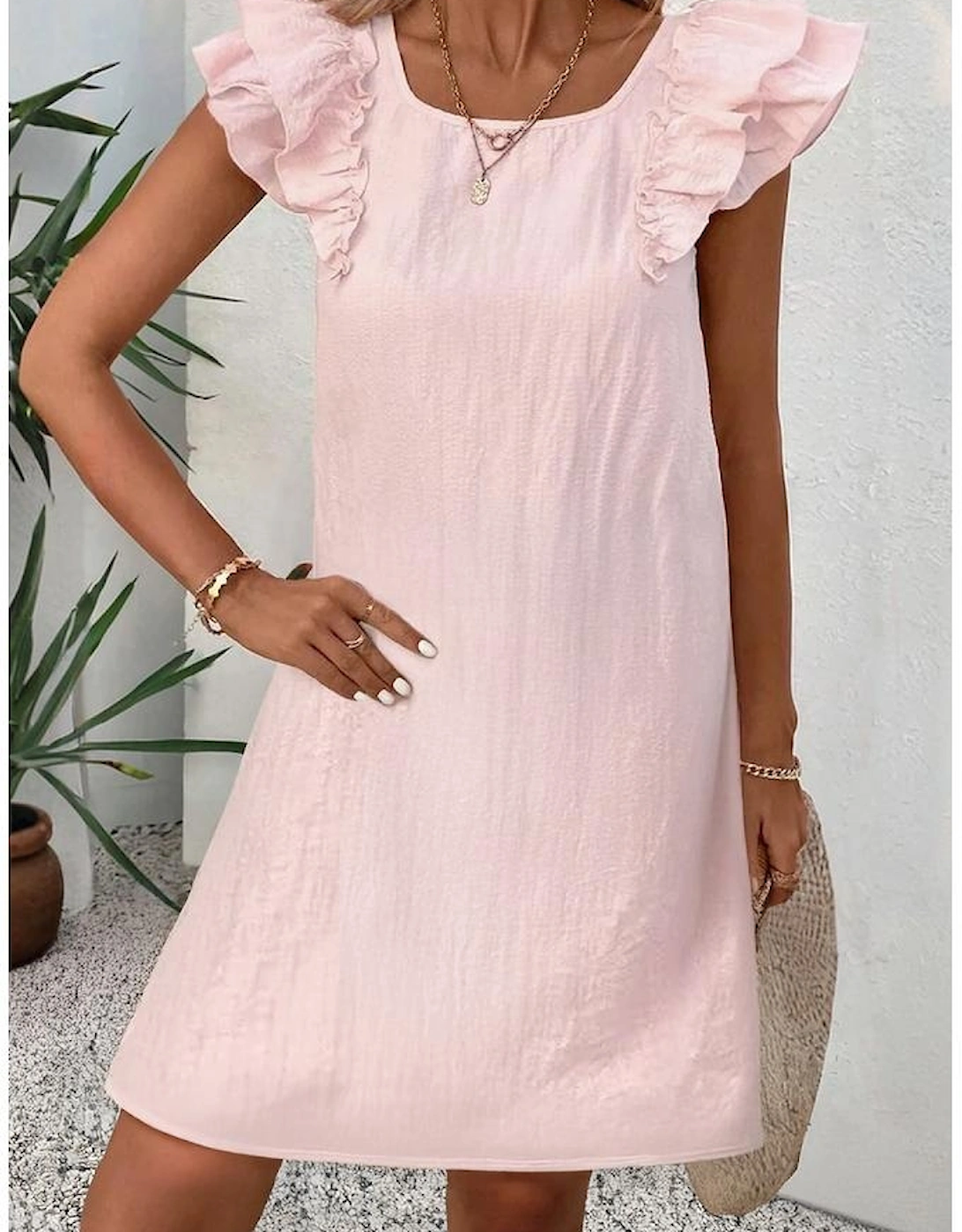 Light Pink Textured Flutter Sleeve Square Neck Bow Back Mini Dress, 3 of 2