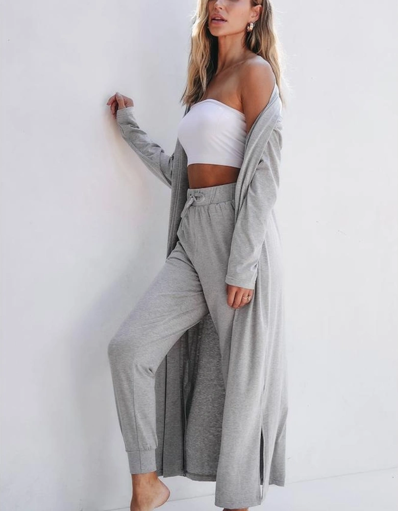 Light Grey Split Long Cardigan and Skinny Pants Lounge Set