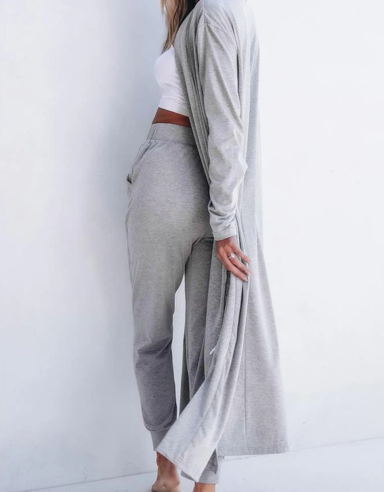 Light Grey Split Long Cardigan and Skinny Pants Lounge Set