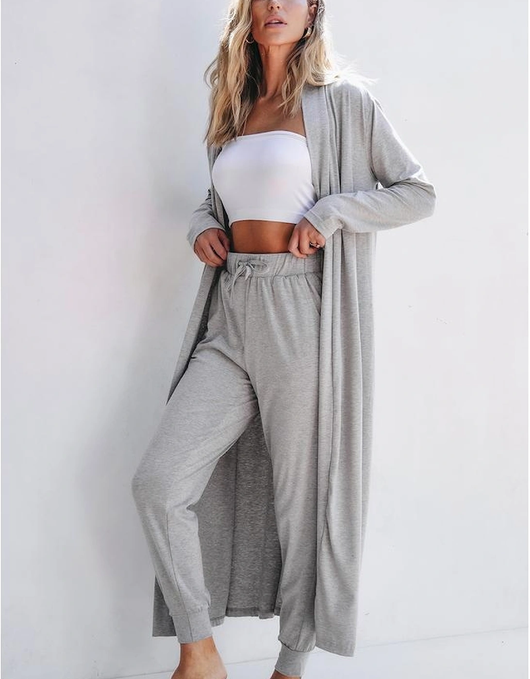 Light Grey Split Long Cardigan and Skinny Pants Lounge Set