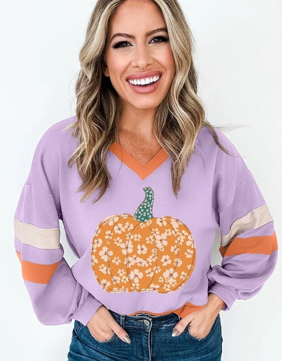Orchid Bouquet Halloween Floral Pumpkin Color Block V Neck Sweatshirt